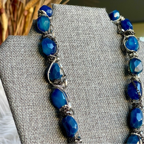 NAKAMOL Grungy Style Blue Chunky faceted Semi-Precious Stones Mixed Metal Chains - Picture 2 of 12
